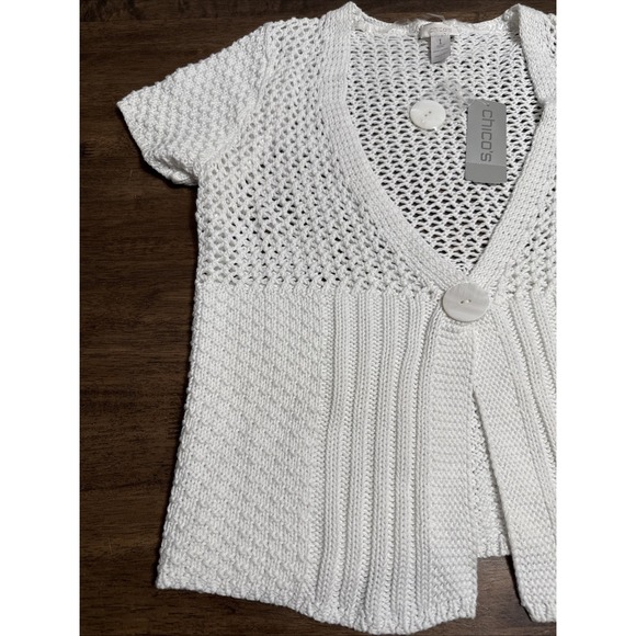 Chico's Crochet Knit Cecilia Crop Cardigan Sweater White Chic Minimalist Sz 1 - Picture 2 of 9